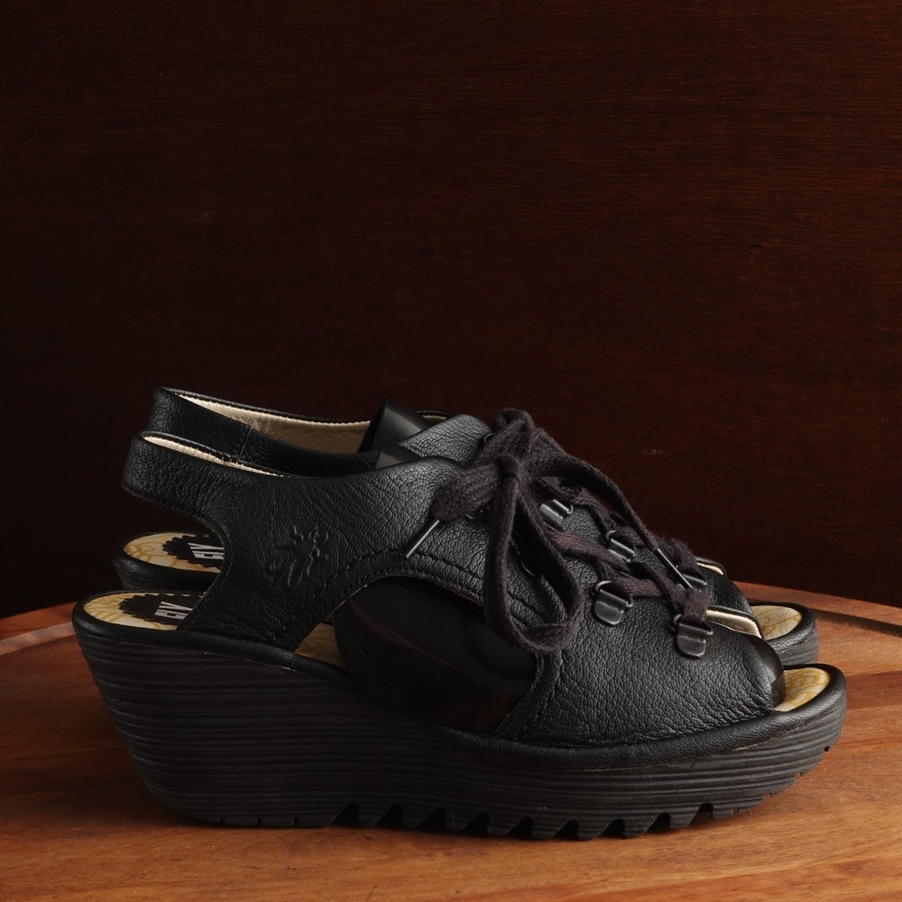 Fly London Sandals Women SZ EU 37 US 6.5-7 BLK Ylfa Wedge Leather Peep Toe Shoes